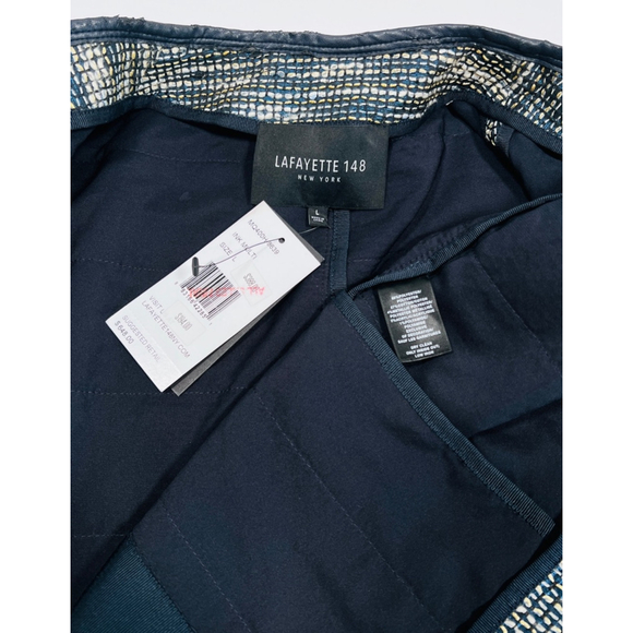 Lafayette 148 New York Woman’s Blazer Blue White Jacket, Size L Leather Trim - Picture 11 of 16